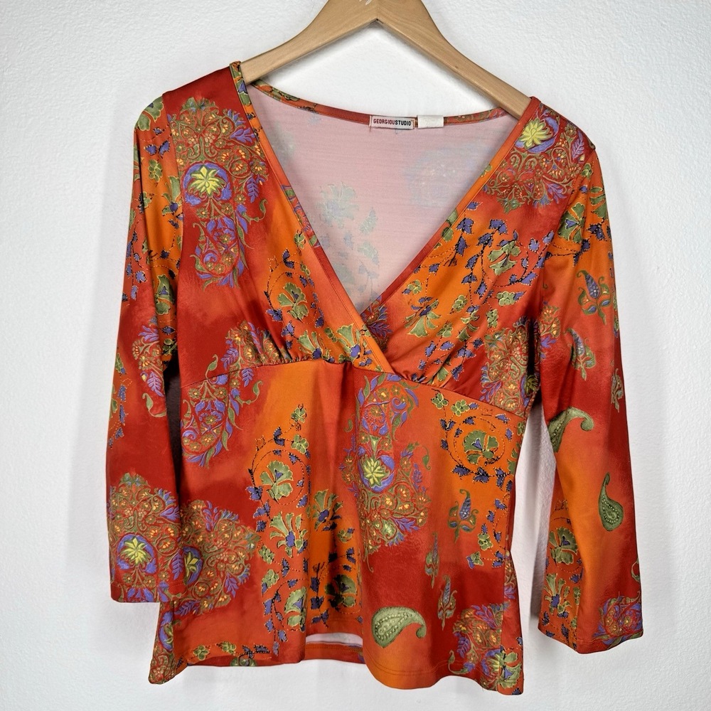 Vintage 90s Y2K Floral Faux Wrap Babydoll Top Size M Fairy Grunge Indie Sleaze